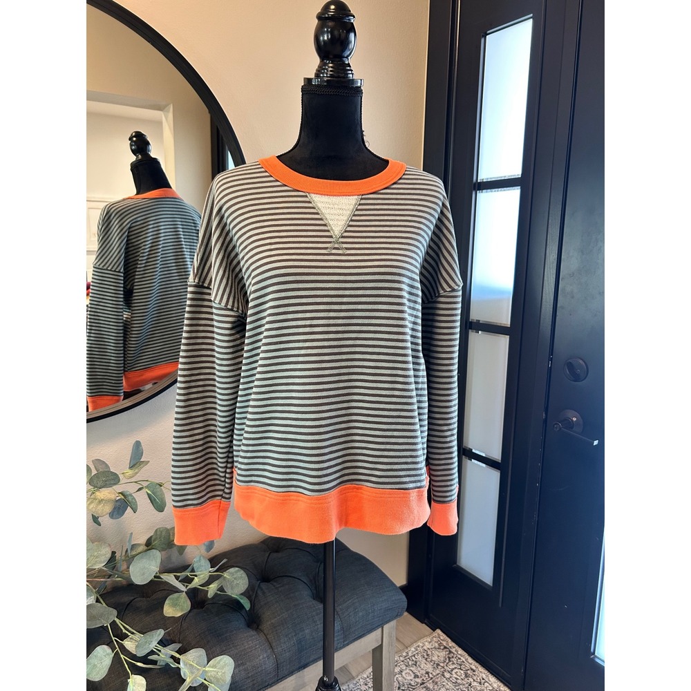 Staccato Striped Sweatshirt Orange Trim Grey Charcoal Crew Neck Large 19812